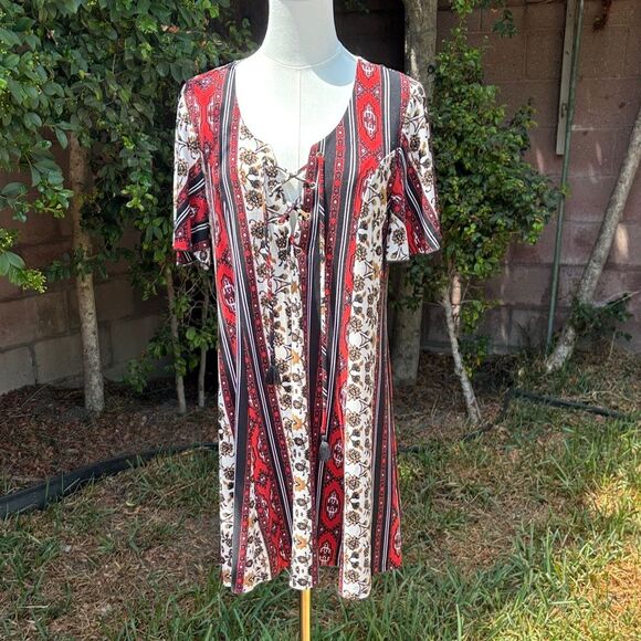 NWOT Show Me Your MuMu Red White Gold Black Patterned Dress Lace up Tassels - Picture 2 of 7